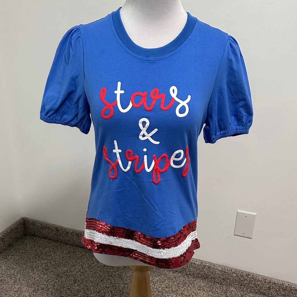 Blue 'Stars & Stripes' SS Tee with Red & White Accents - Small NWOT